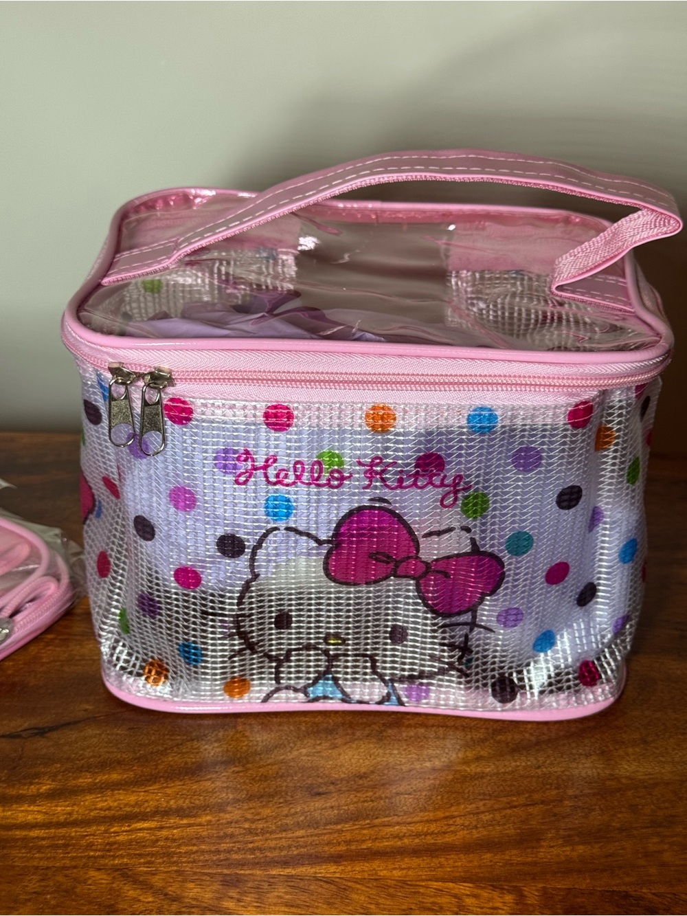 Pink Clear Polka Dot Cosmetic Bag. No Brand. Set of 3.